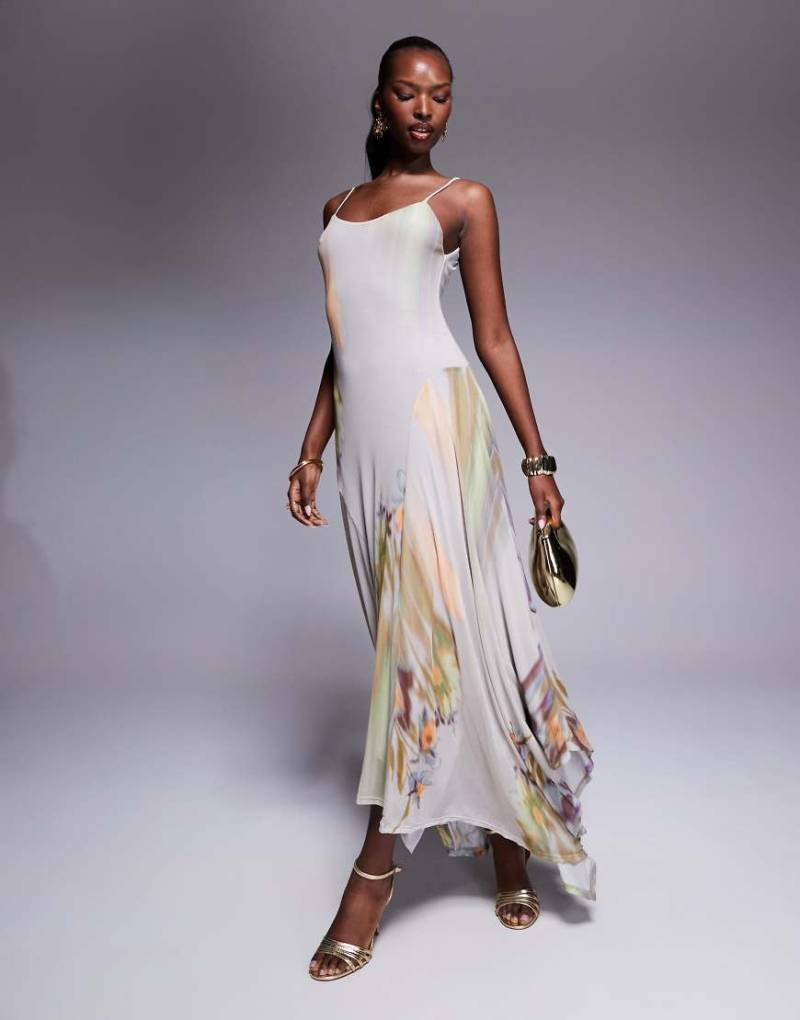 ASOS DESIGN - Maxikleid aus Mesh mit Blumenmuster in verschwommener Optik und U-Ausschnitt-Bunt von ASOS DESIGN
