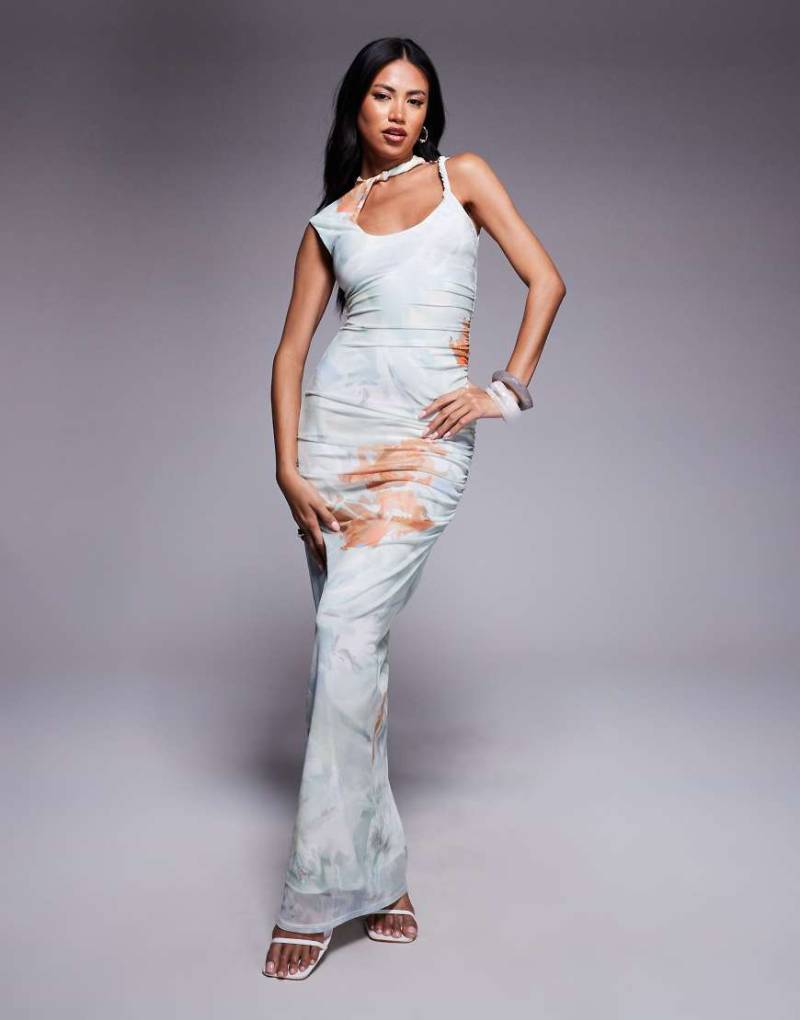 ASOS DESIGN - Maxikleid aus Mesh mit Blumenmuster und verdrehtem Detail am Ausschnitt-Bunt von ASOS DESIGN