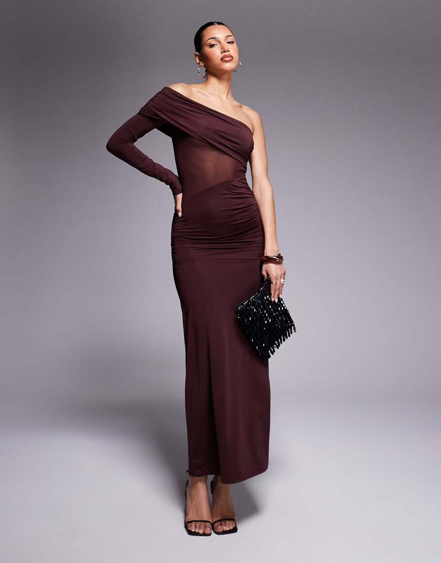 ASOS DESIGN - Maxikleid aus Netzstoff in Braun mit One-Shoulder-Ärmel und Cut-out-Design ASOS DESIGN - Maxikleid aus Netzstoff in Braun mit One-Shoulder-Ärmel und Cut-out-Design von ASOS DESIGN