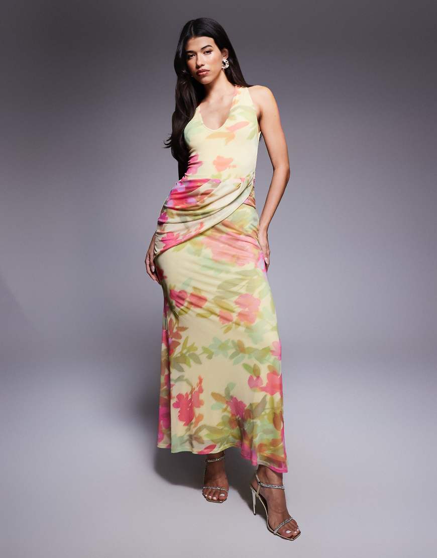 ASOS DESIGN - Maxikleid aus Netzstoff in Buttermilchgelb mit Blumen-Print, Schärpendetail in Wickeldesign und tiefem Ausschnitt-Bunt ASOS DESIGN - Maxikleid aus Netzstoff in Buttermilchgelb mit Blumen-Print, Schärpendetail in Wickeldesign und tiefem Ausschnitt-Bunt von ASOS DESIGN