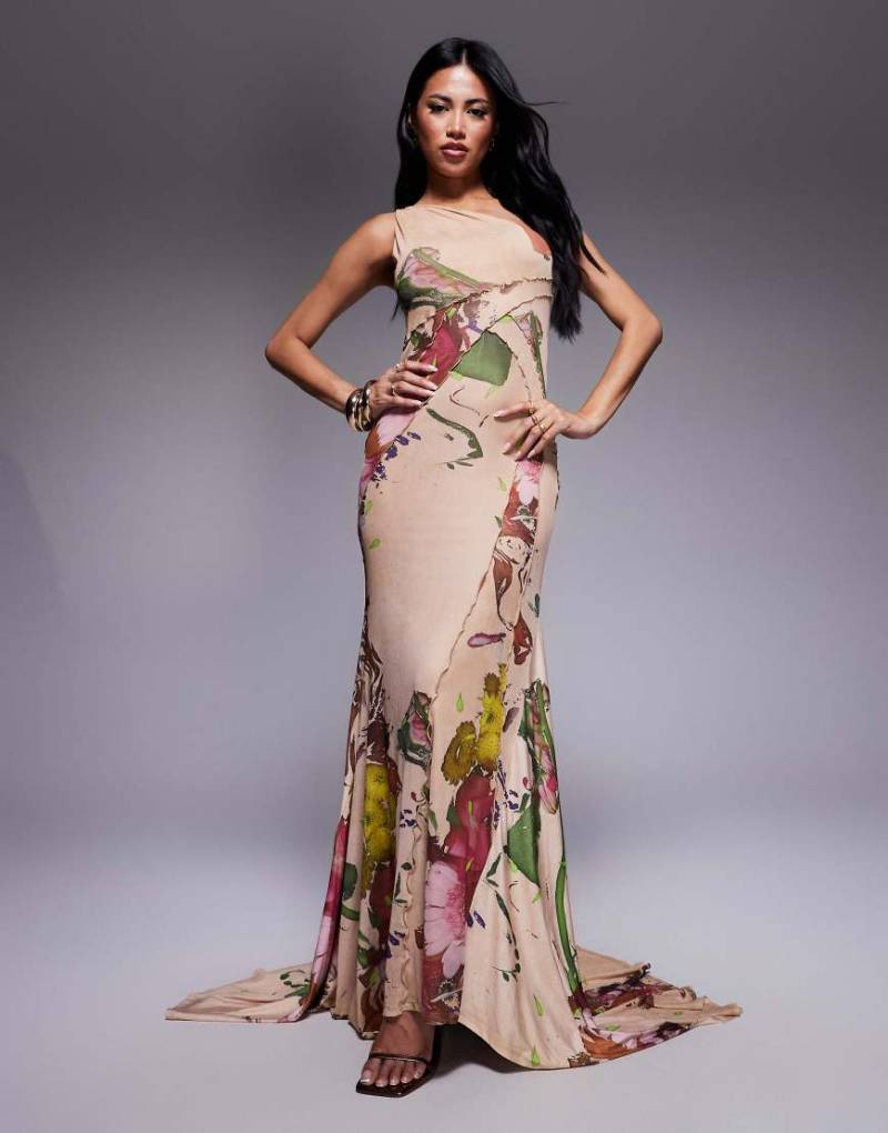 ASOS DESIGN - Maxikleid aus Netzstoff in Flieder mit One-Shoulder-Träger, sichtbaren Nähten, weitem Rocksaum und verschwommenem Blumenmuster-Bunt von ASOS DESIGN