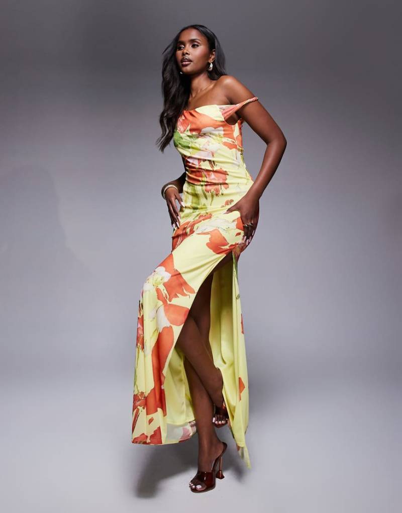 ASOS DESIGN - Maxikleid aus Netzstoff in Gelb mit orangem Blumenprint, verdrehter Schulterpartie und Schnürung hinten-Bunt von ASOS DESIGN