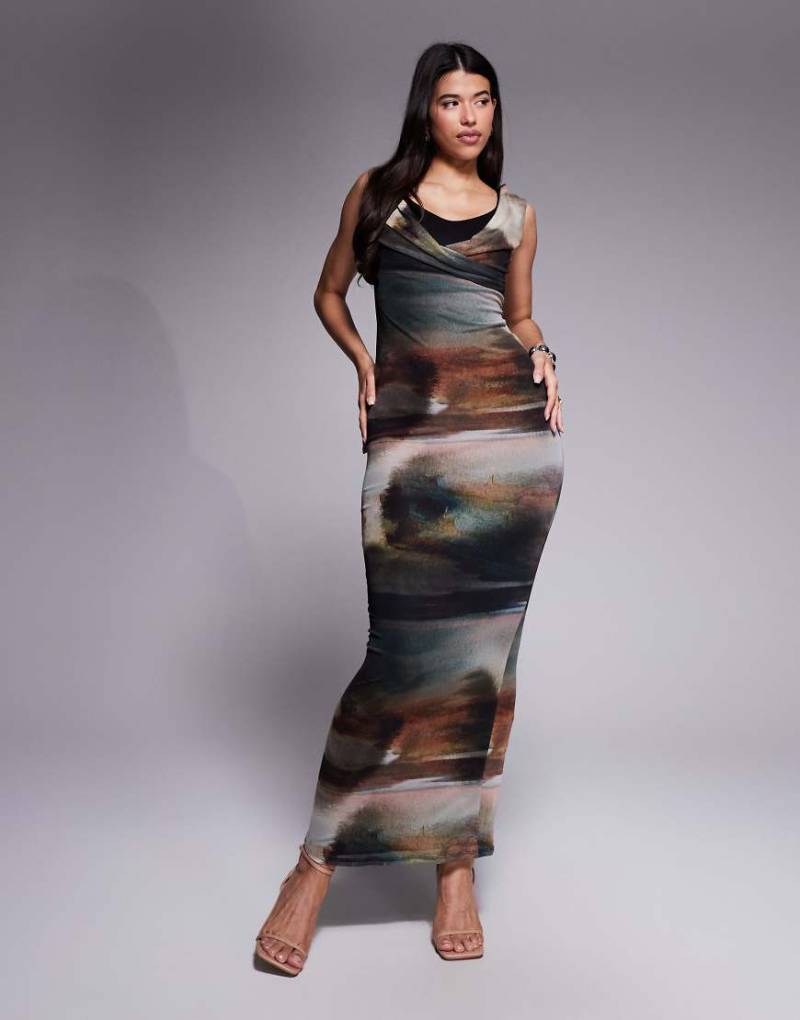 ASOS DESIGN - Maxikleid aus Netzstoff in Neoprenoptik mit integriertem BH und verschwommenem Muster-Bunt von ASOS DESIGN