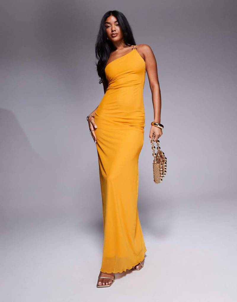 ASOS DESIGN - Maxikleid aus Netzstoff in Orange mit asymmetrischem, doppeltem Träger mit goldfarbenem Ring und Raffung von ASOS DESIGN