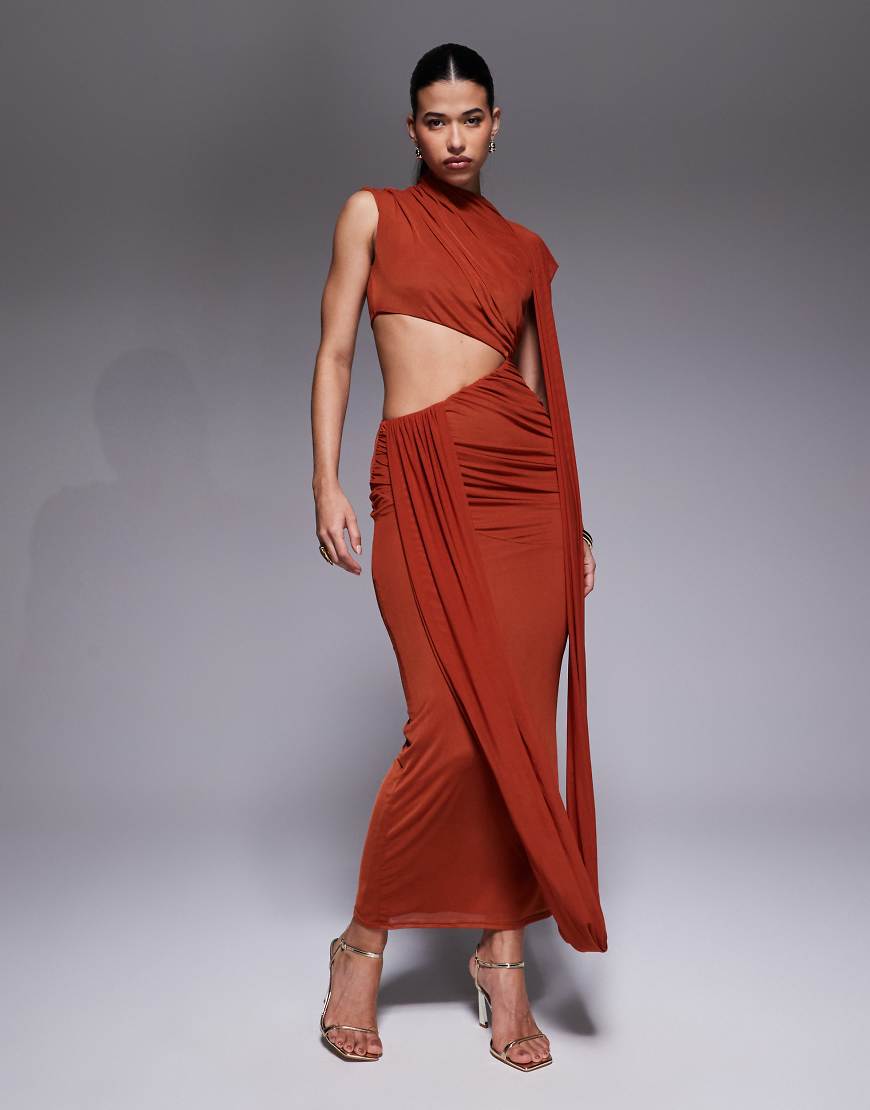 ASOS DESIGN - Maxikleid aus Netzstoff in Rost mit Zierausschnitten und drapiertem Design-Keine Farbe von ASOS DESIGN