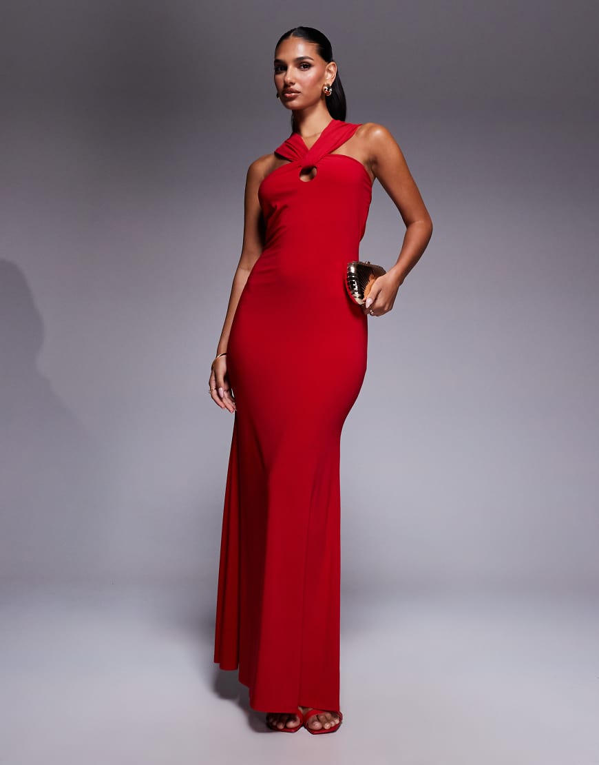 ASOS DESIGN - Neckholder-Maxikleid in Rot mit verdrehter Vorderseite von ASOS DESIGN
