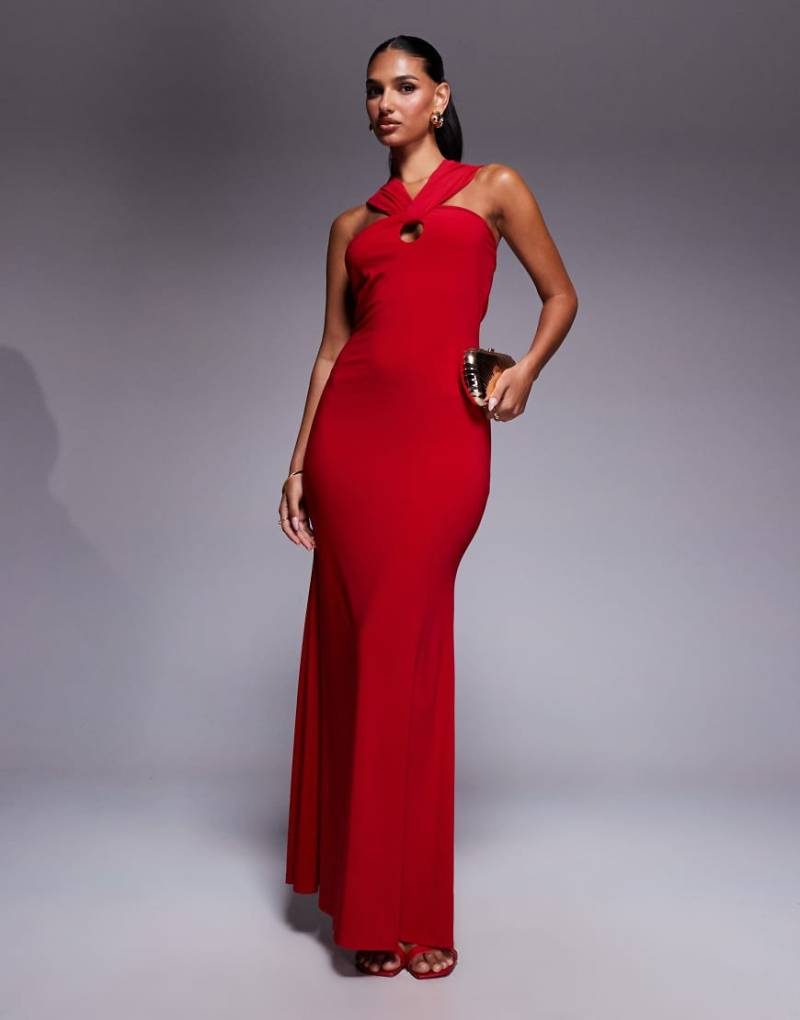 ASOS DESIGN - Neckholder-Maxikleid in Rot mit verdrehter Vorderseite von ASOS DESIGN