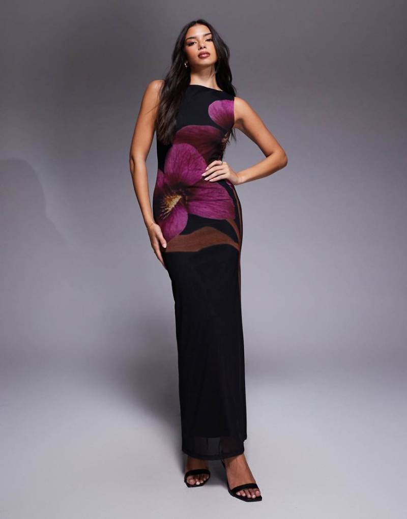 ASOS DESIGN - Maxikleid aus Netzstoff in Schwarz mit Placement-Blumendruck und Schlitzausschnitt von ASOS DESIGN