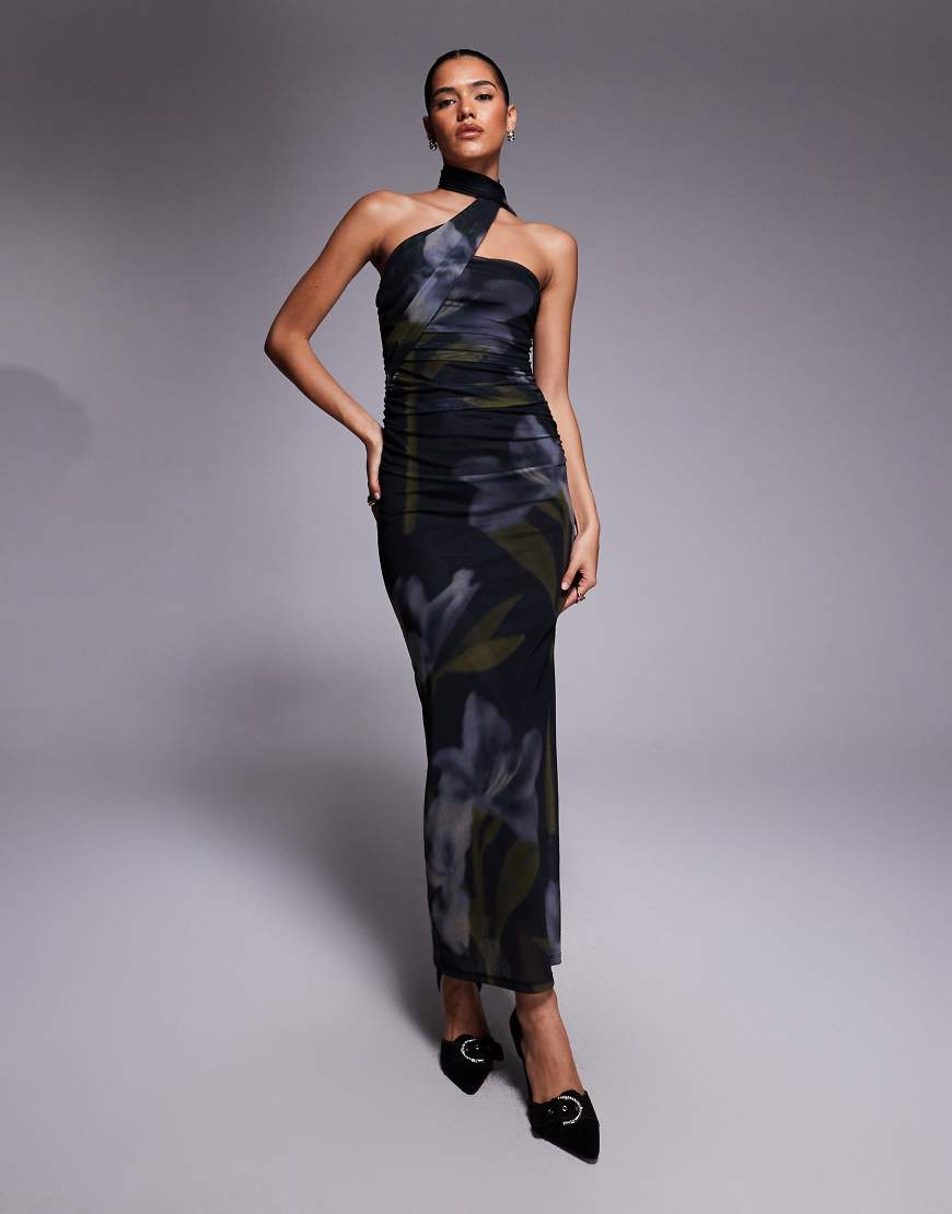 ASOS DESIGN - Maxikleid aus Netzstoff in Schwarz mit Schal-Detail und übergroßem Blumen-Print von ASOS DESIGN