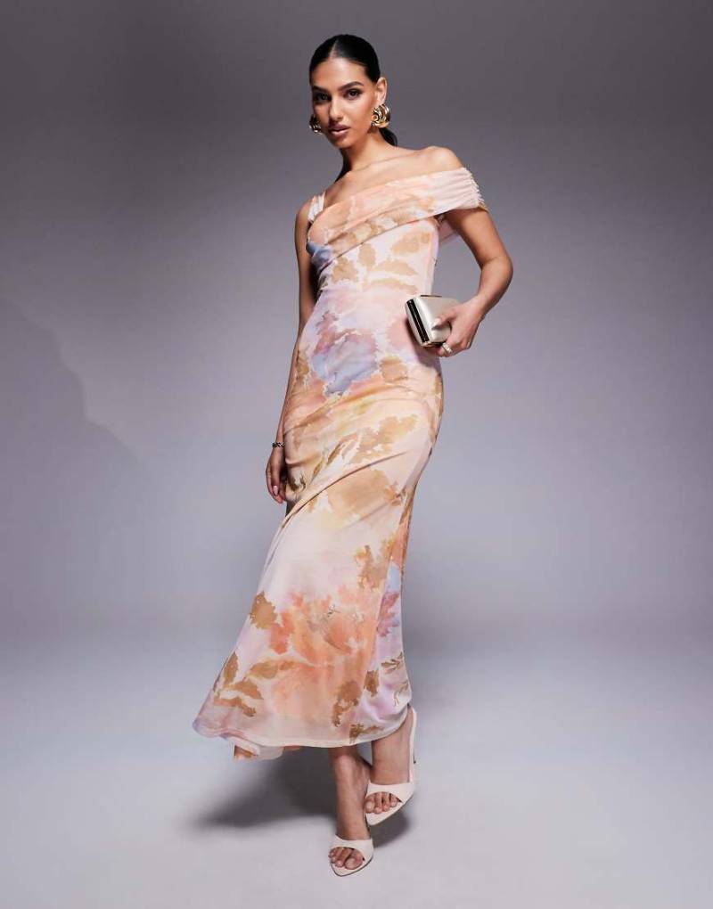 ASOS DESIGN - Maxikleid aus Netzstoff mit Blumenmuster und asymmetrisch geschnittenem Bardot-Ausschnitt mit einem Camisole-Träger-Bunt von ASOS DESIGN