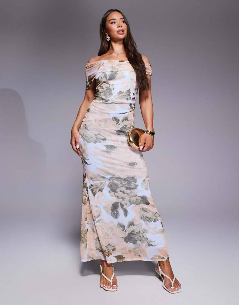 ASOS DESIGN - Maxikleid aus Netzstoff mit Blumenmuster und asymmetrisch geschnittenem Carmen-Ausschnitt-Bunt von ASOS DESIGN