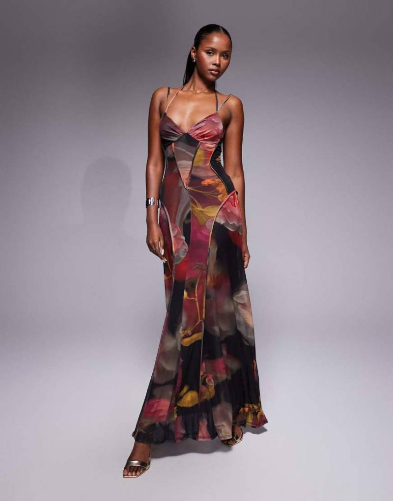 ASOS DESIGN - Netzstoff-Maxikleid mit sichtbarer Ziernaht und verschwommenem rosa Blumenmuster-Bunt von ASOS DESIGN