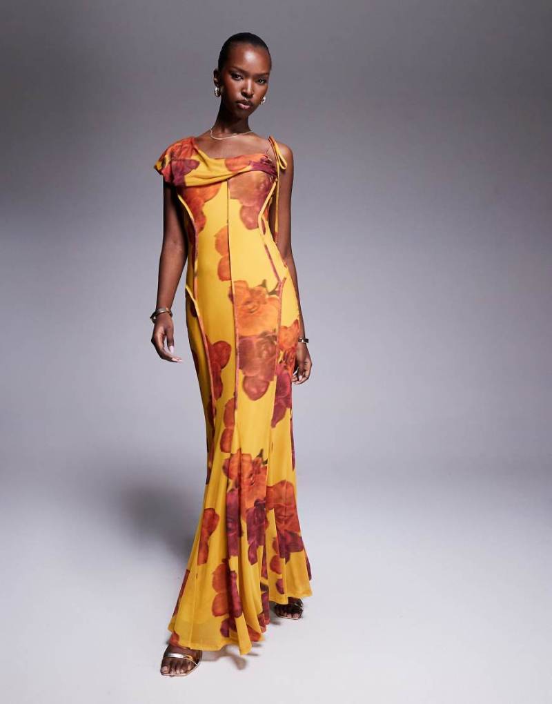 ASOS DESIGN - Maxikleid aus Netzstoff mit Vintage-Blumenmuster und drapierter Vorderseite-Bunt von ASOS DESIGN