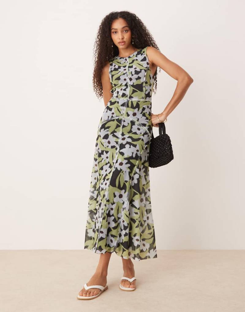 ASOS DESIGN - Maxikleid aus Netzstoff mit sichtbaren Nähten, dunklem Hintergrund und abstraktem Blumenmuster-Bunt von ASOS DESIGN