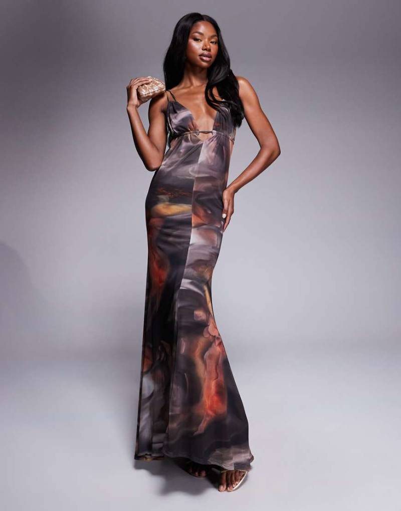 ASOS DESIGN - Maxikleid aus Netzstoff mit tiefem Ausschnitt, Doppelträgern und Wirbelmuster-Bunt von ASOS DESIGN