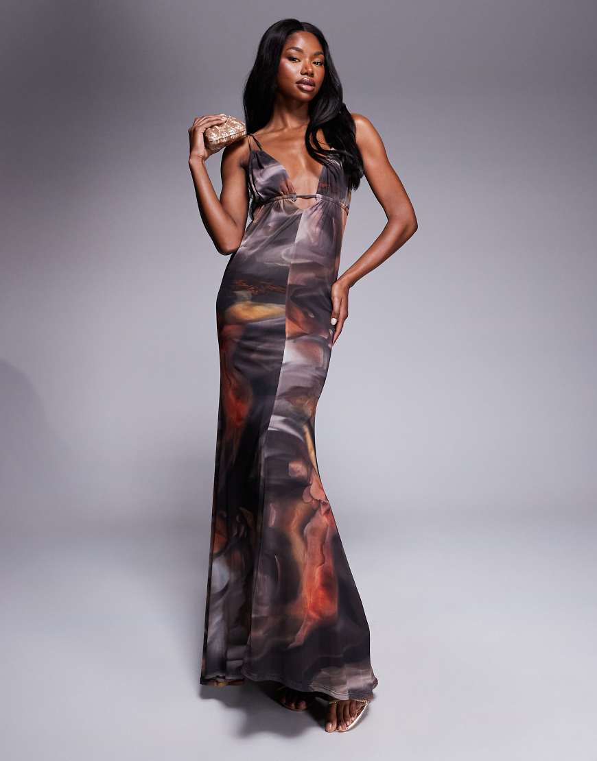 ASOS DESIGN - Maxikleid aus Netzstoff mit tiefem Ausschnitt, Doppelträgern und Wirbelmuster-Bunt ASOS DESIGN - Maxikleid aus Netzstoff mit tiefem Ausschnitt, Doppelträgern und Wirbelmuster-Bunt von ASOS DESIGN