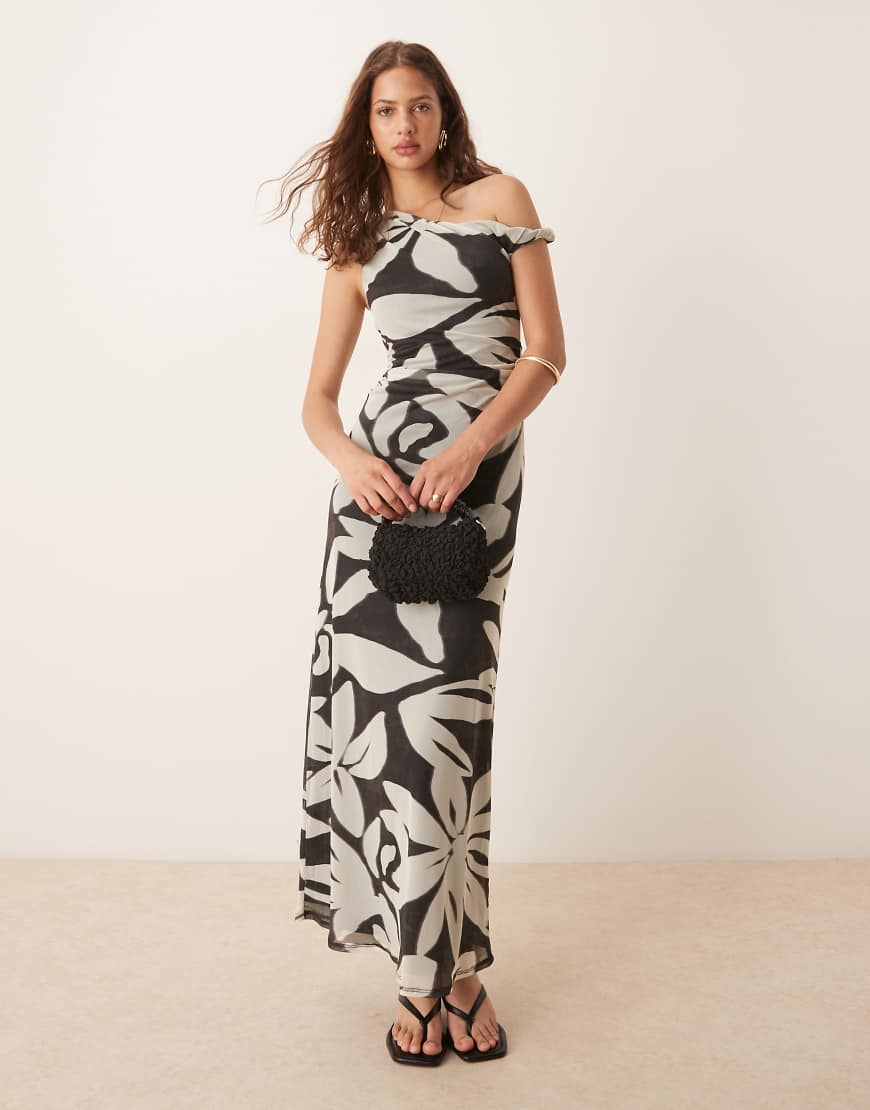 ASOS DESIGN - Maxikleid aus Netzstoff mit verdrehtem Detail an der Schulter und Blumenmuster-Bunt von ASOS DESIGN