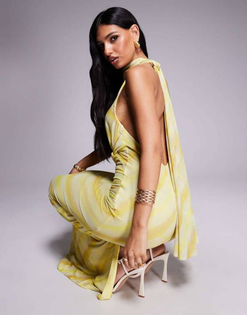 ASOS DESIGN - Maxikleid aus Netzstoff mit verschwommenem Streifenprint, hinten gebundenem Neckholder-Träger und verdrehter Brustpartie-Bunt von ASOS DESIGN