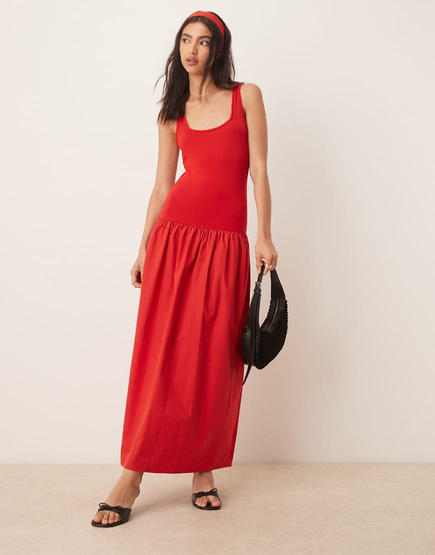 ASOS DESIGN - Maxikleid aus Popeline-Mix in Rot mit eckigem Ausschnitt ASOS DESIGN - Maxikleid aus Popeline-Mix in Rot mit eckigem Ausschnitt von ASOS DESIGN