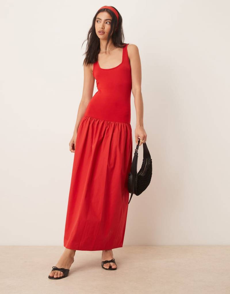 ASOS DESIGN - Maxikleid aus Popeline-Mix in Rot mit eckigem Ausschnitt von ASOS DESIGN