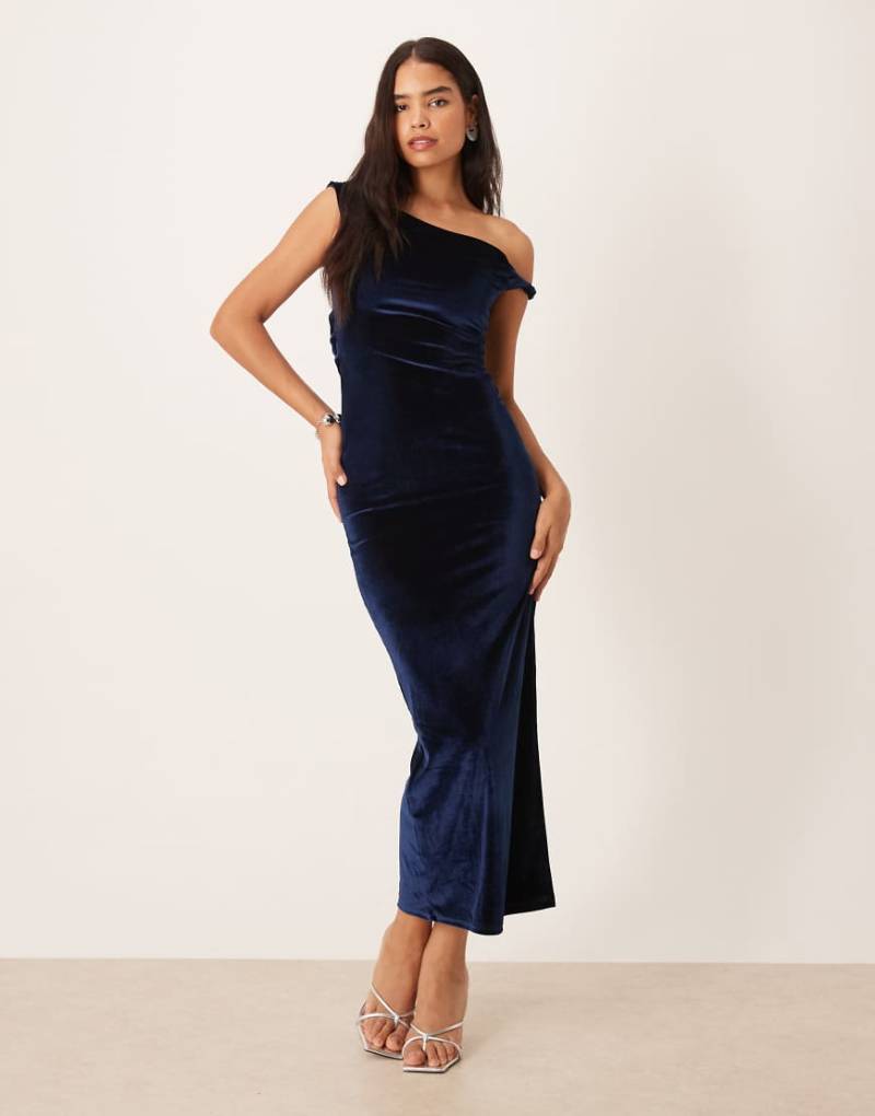 ASOS DESIGN - Midikleid aus Samt in Marineblau mit verdrehter Schulterpartie und Schnürung hinten von ASOS DESIGN