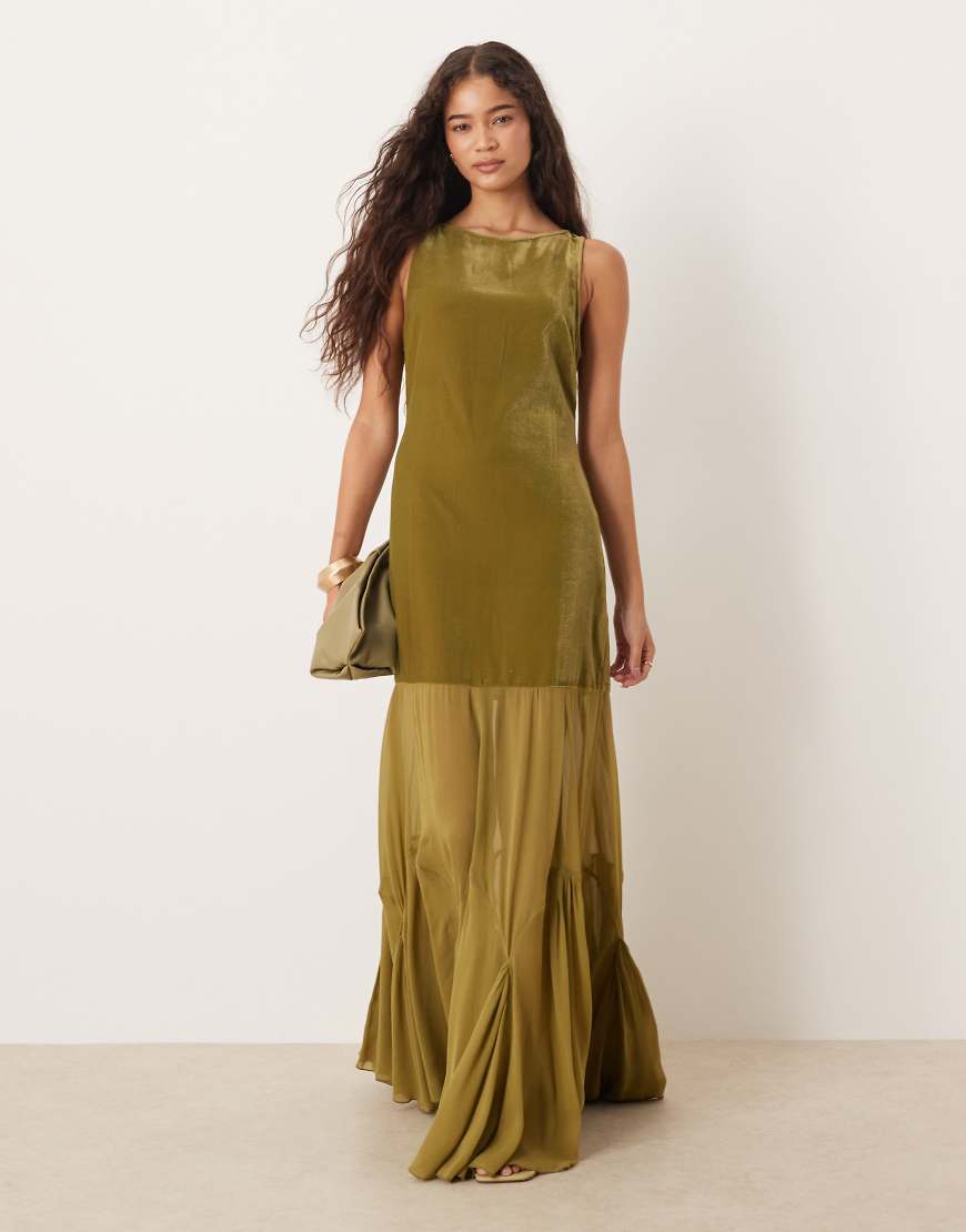 ASOS DESIGN - Maxikleid aus Samt in Olivgrün mit tiefer Taille und transparentem Godet-Rock von ASOS DESIGN
