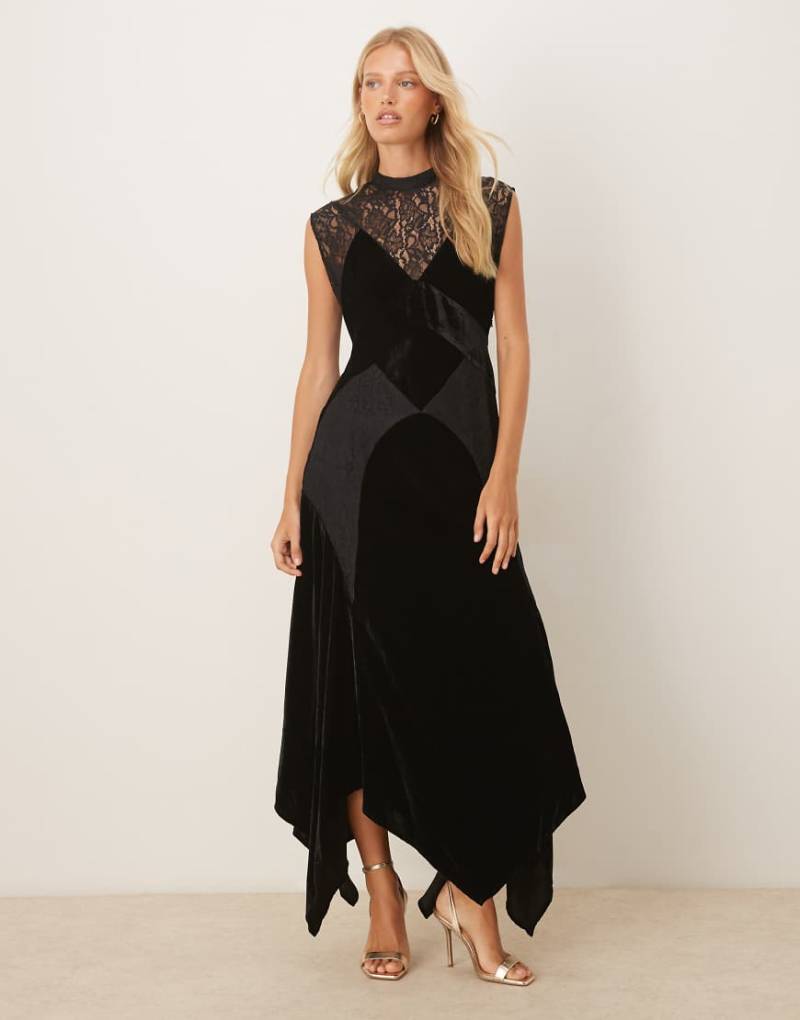 ASOS DESIGN - Maxikleid aus Samt und Spitze in Schwarz mit Zipfelsaum von ASOS DESIGN