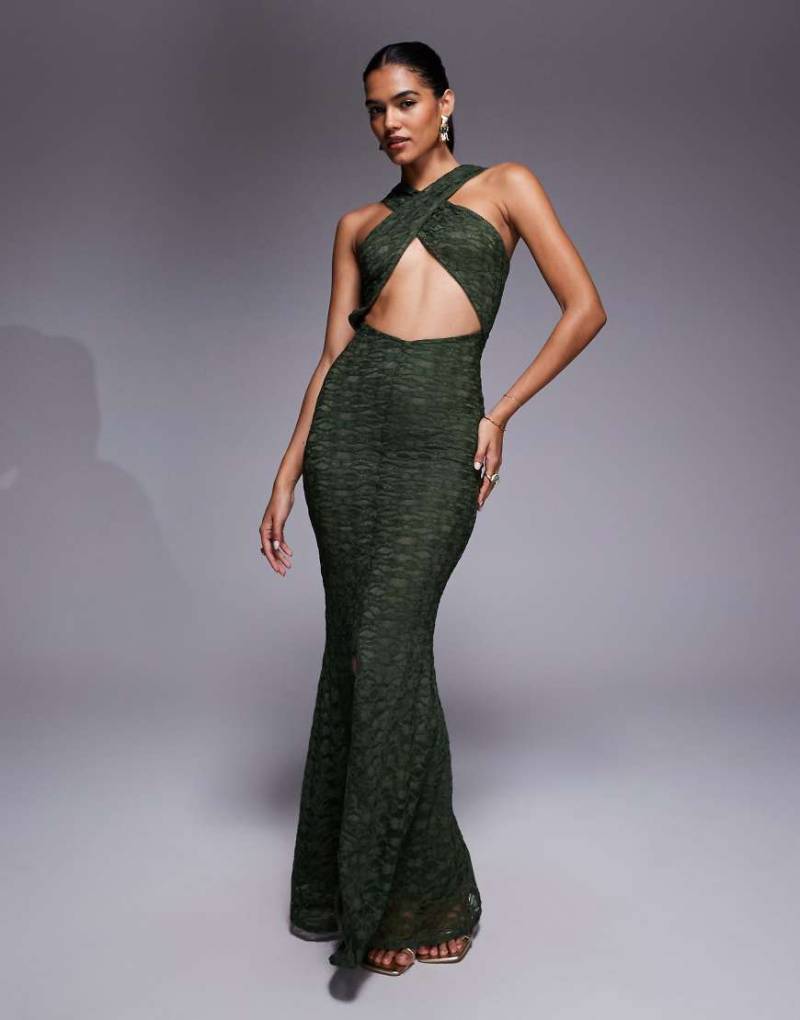 ASOS DESIGN - Maxikleid aus Spitze in Khaki mit vorne überkreuztem Neckholder und mittigem Zierausschnitt-Grün von ASOS DESIGN