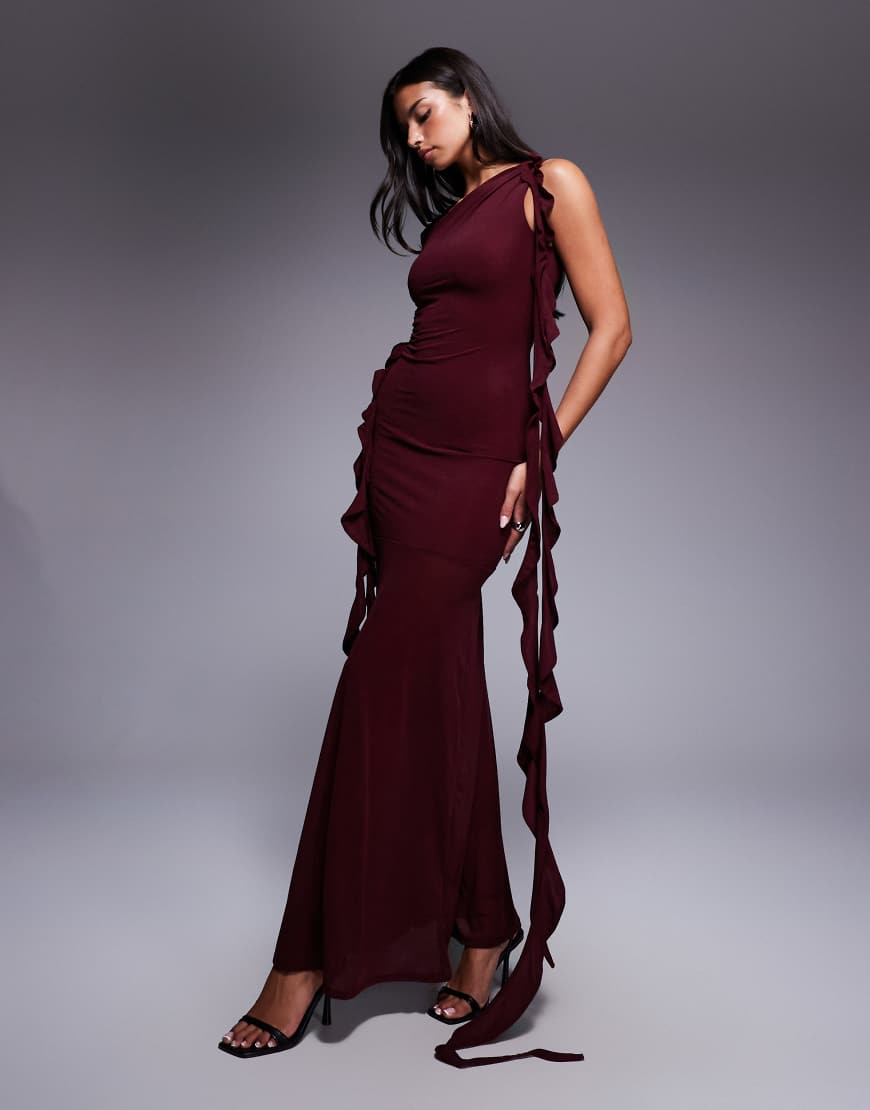 ASOS DESIGN - Maxikleid aus Stretch-Chiffon in Maulbeere mit Zierausschnitten und Rüschendetails-Rot von ASOS DESIGN