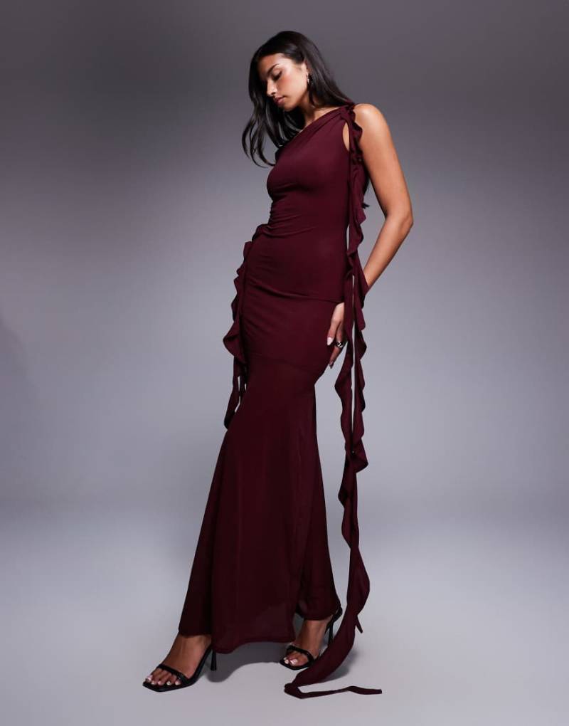 ASOS DESIGN - Maxikleid aus Stretch-Chiffon in Maulbeere mit Zierausschnitten und Rüschendetails-Rot von ASOS DESIGN