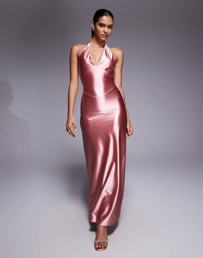 ASOS DESIGN - Maxikleid aus Stretch-Satin in Babyrosa mit tiefem Ausschnitt von ASOS DESIGN