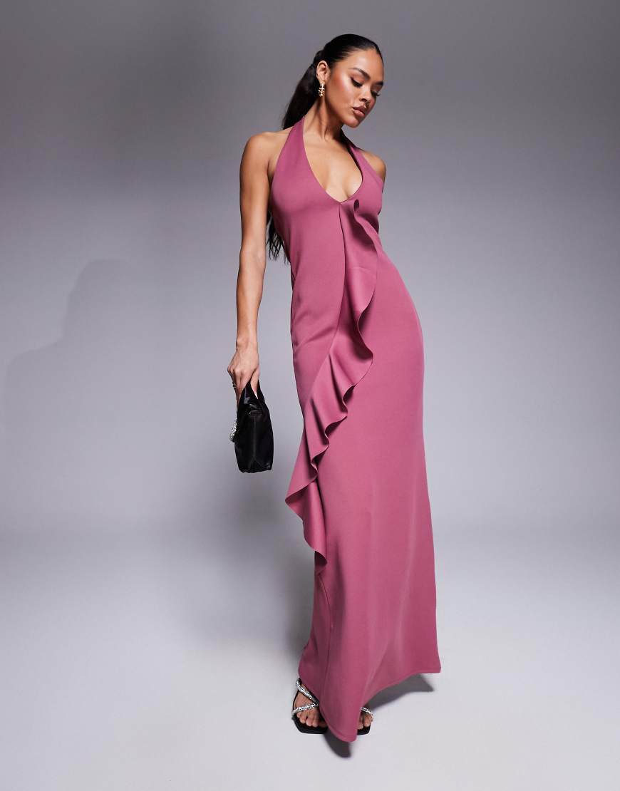ASOS DESIGN - Maxikleid aus neoprenartigem Material in Maulbeer-Lila mit tiefem Ausschnitt und gerüschter Vorderseite von ASOS DESIGN