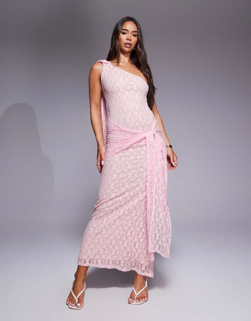 ASOS DESIGN - Maxikleid aus rosa Spitze mit One-Shoulder-Träger und geknotetem Rockdetail von ASOS DESIGN