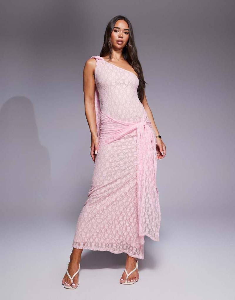 ASOS DESIGN - Maxikleid aus rosa Spitze mit One-Shoulder-Träger und geknotetem Rockdetail von ASOS DESIGN