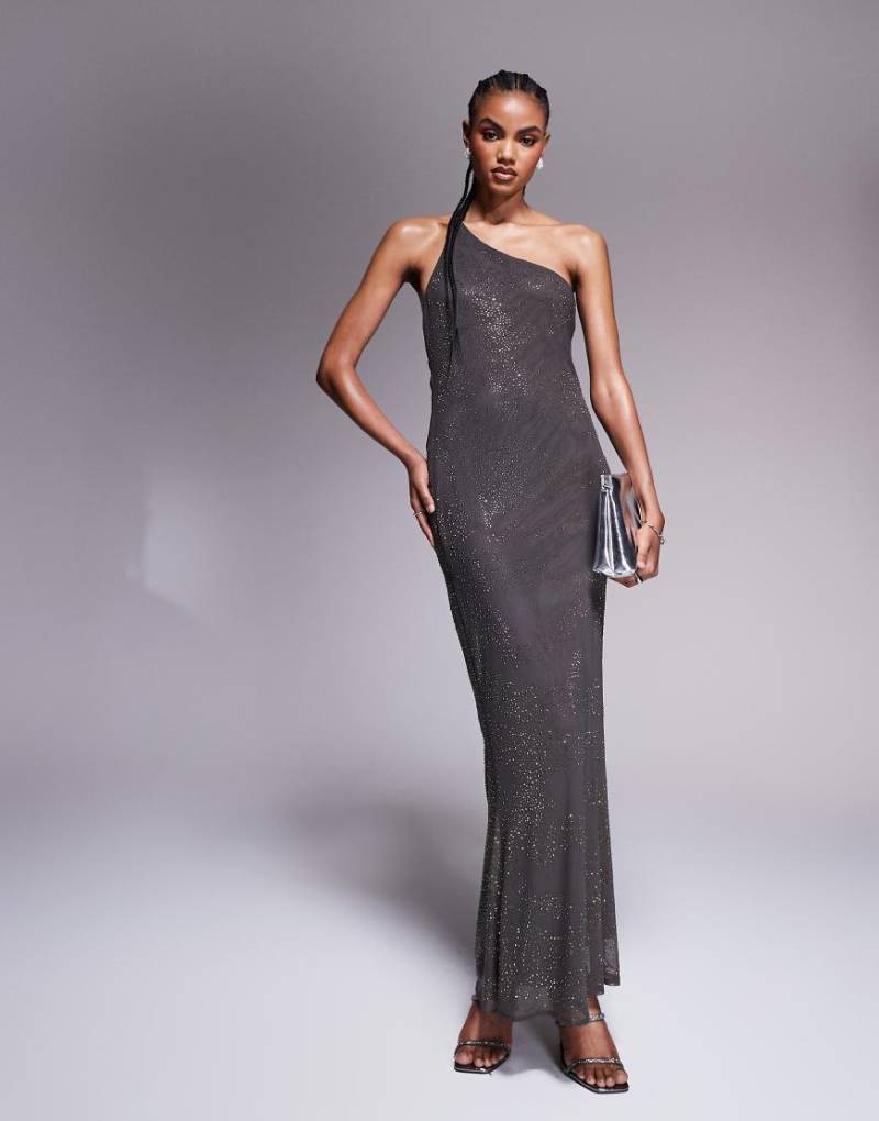 ASOS DESIGN - Maxikleid in Anthrazit mit kunstvoll verziertem Hotfix, Rückenausschnitt und One-Shoulder-Träger-Grau von ASOS DESIGN
