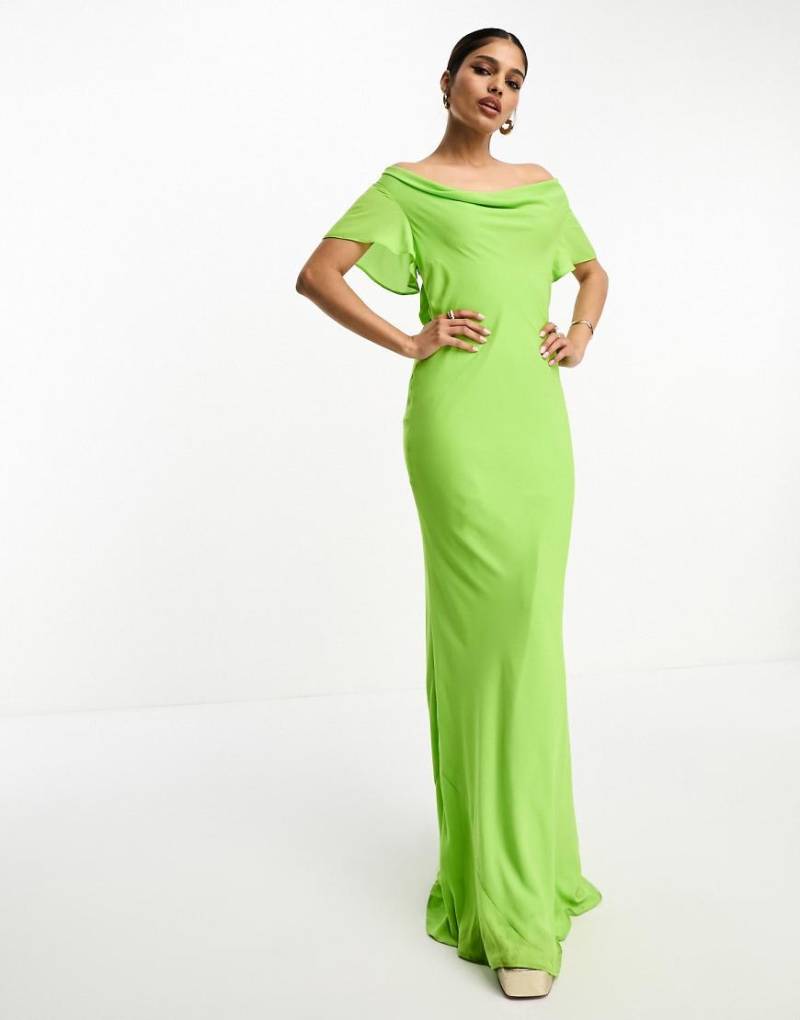 ASOS DESIGN - Maxikleid in Apfelgrün mit Wasserfallausschnitt und Flatterärmeln von ASOS DESIGN