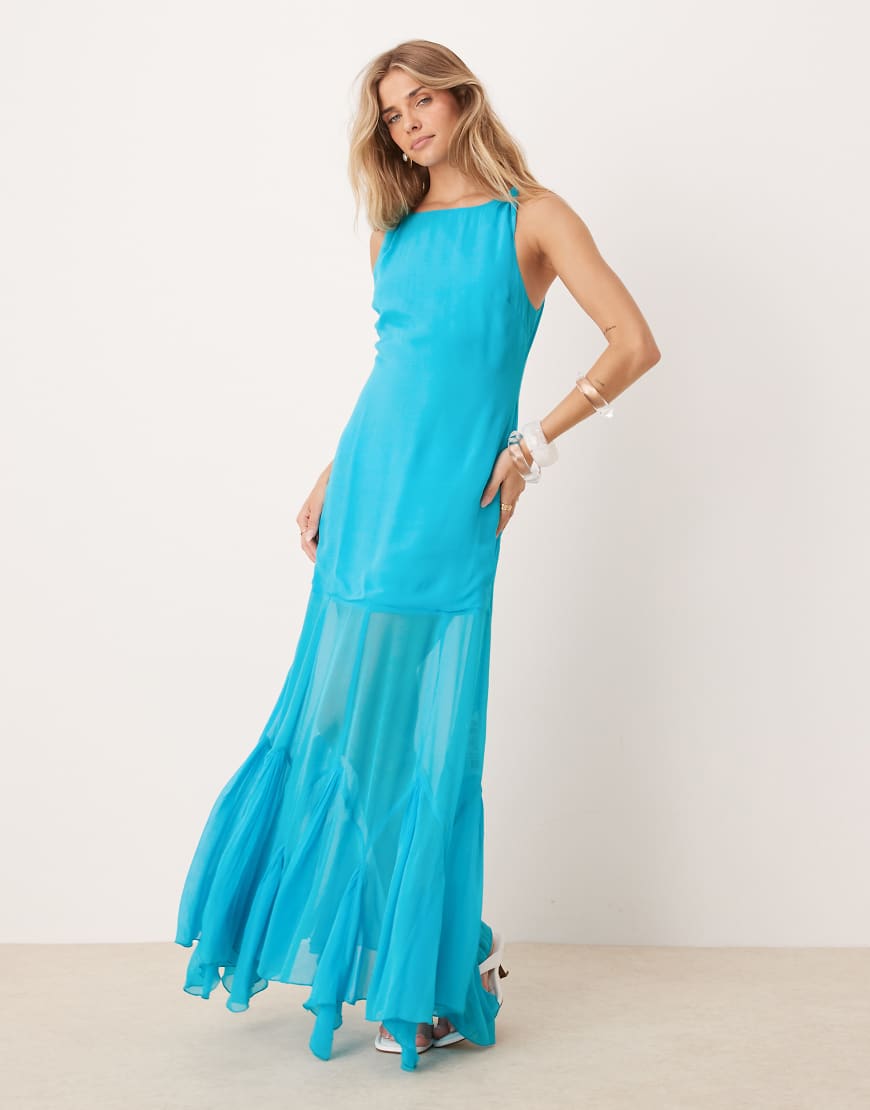 ASOS DESIGN - Maxikleid in Aqua-Blau mit tiefer Taille und Godet-Saum-Bunt von ASOS DESIGN