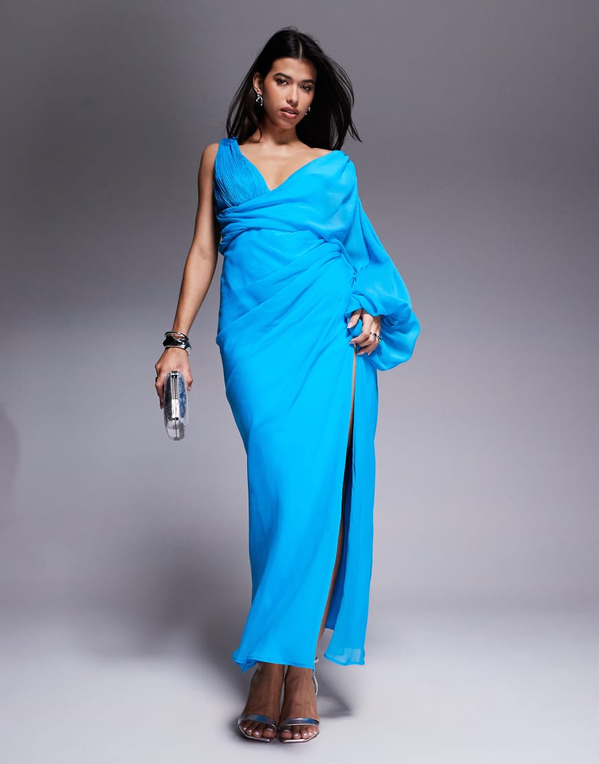 ASOS DESIGN - Maxikleid in Blau mit asymmetrischem, drapiertem Overlay und Blousonärmel ASOS DESIGN - Maxikleid in Blau mit asymmetrischem, drapiertem Overlay und Blousonärmel von ASOS DESIGN