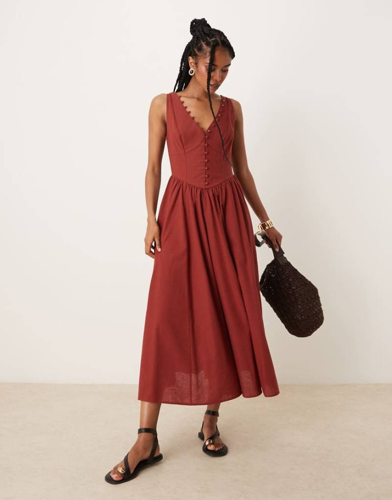 ASOS DESIGN - Maxikleid in Burgunderrot mit V-Ausschnitt, Knopfleiste und tief angesetzter Taille von ASOS DESIGN