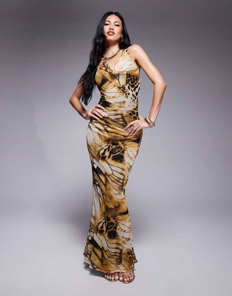 ASOS DESIGN - Maxikleid in Gelb mit Animal-Print, Wasserfall-Neckholder und Zierknoten-Bunt von ASOS DESIGN