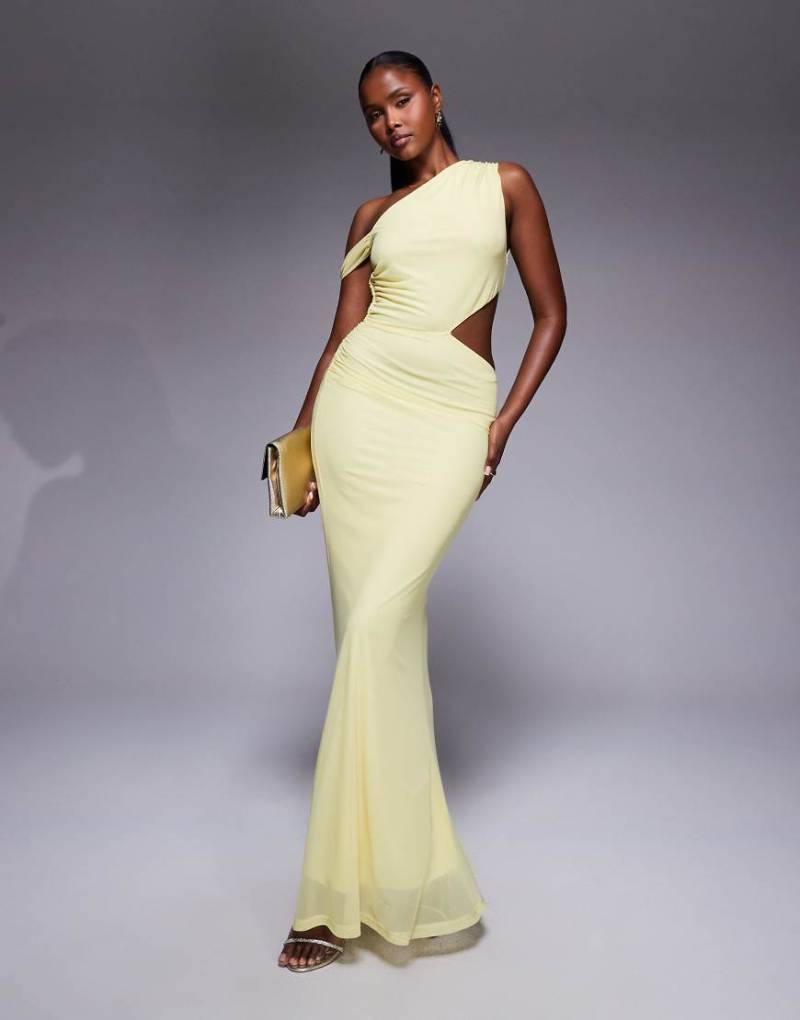 ASOS DESIGN - Maxikleid in Gelb mit abfallender Schulterpartie, Raffung und Cut-out-Detail-Grün von ASOS DESIGN