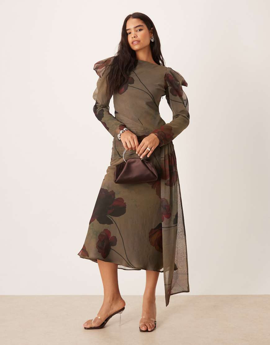 ASOS DESIGN - Maxikleid in Grau mit drapierter Schulterpartie und Blumenmuster-Bunt von ASOS DESIGN