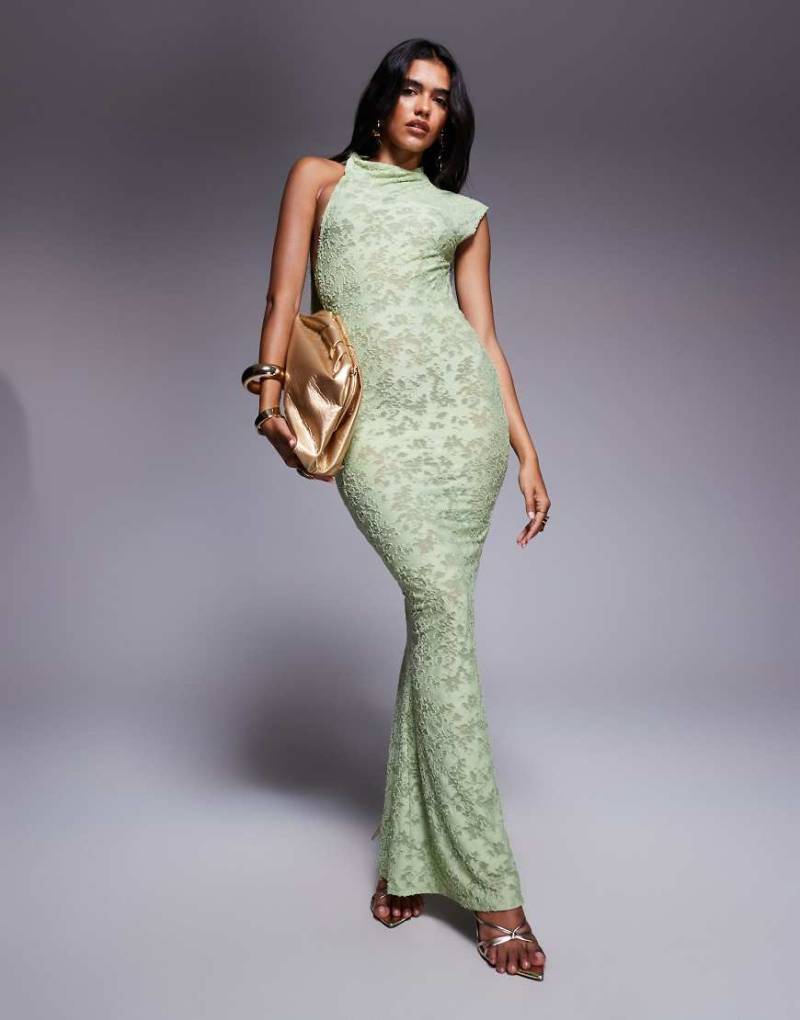 ASOS DESIGN - Maxikleid in Grün mit Ausbrennermuster und Bindeband am Hals von ASOS DESIGN