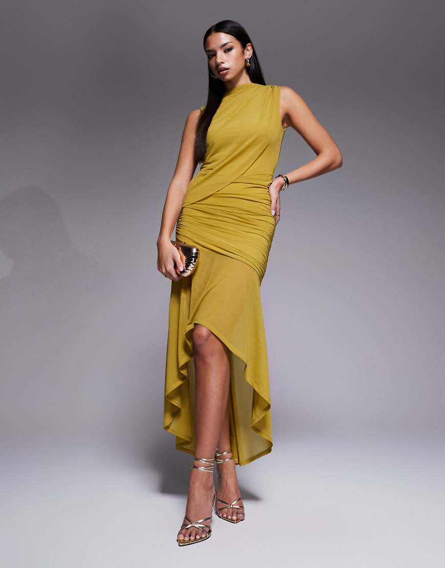ASOS DESIGN - Maxikleid in Grün mit Raffung und hinten längerem Saum-Rot von ASOS DESIGN