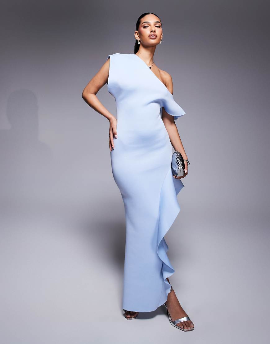 ASOS DESIGN - Maxikleid in Hellblau mit gerüschtem Schlitz und abfallender Schulterpartie von ASOS DESIGN