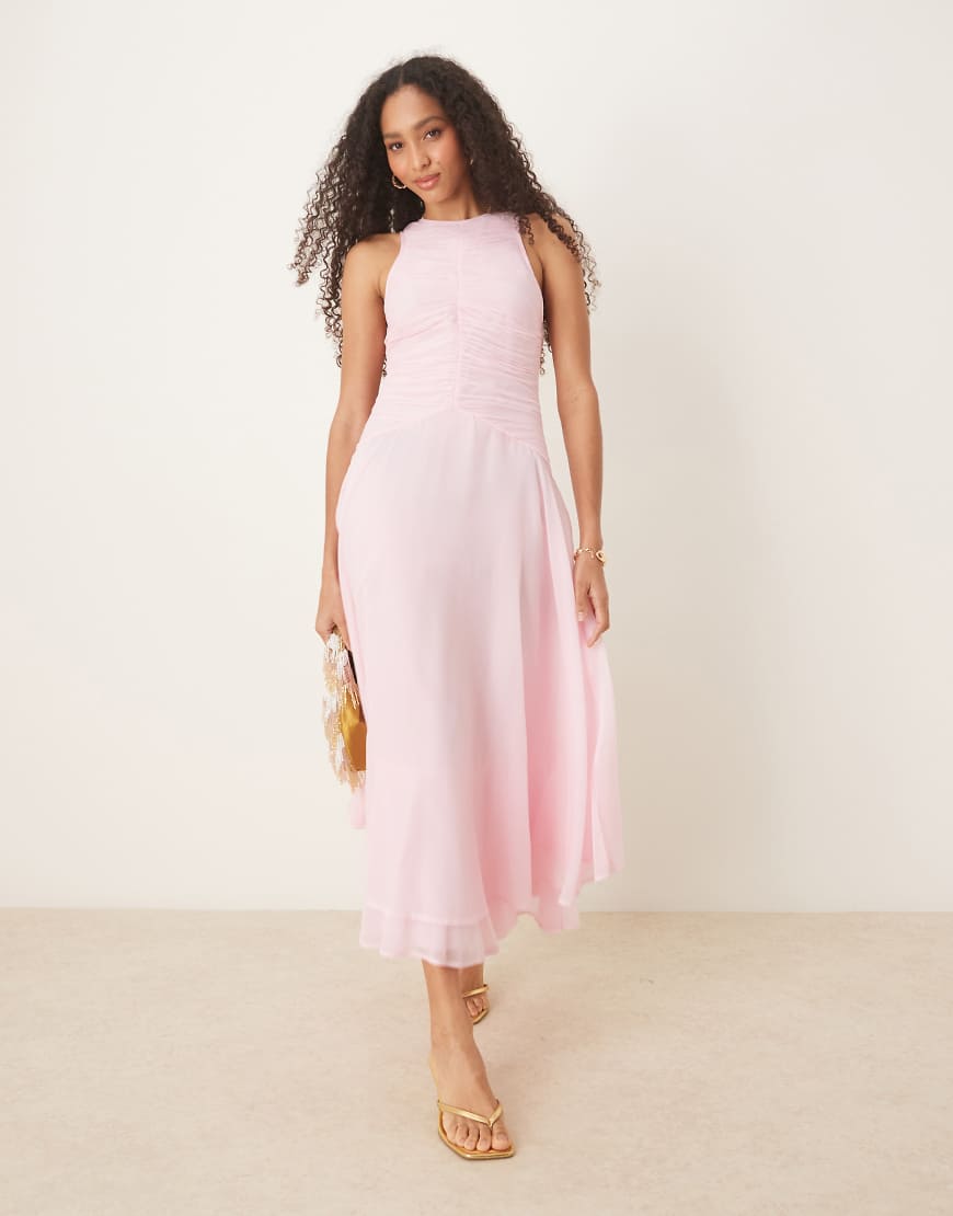 ASOS DESIGN - Maxikleid in Hellrosa mit Racerneck-Design, gerafftem Oberteil und tiefer Taille von ASOS DESIGN