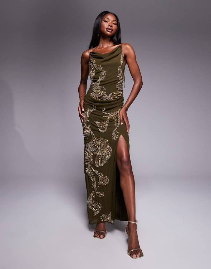 ASOS DESIGN - Maxikleid in Khaki mit Overlay, drapiertem Rock, abfallender Taillenpartie und Verzierung-Grün von ASOS DESIGN