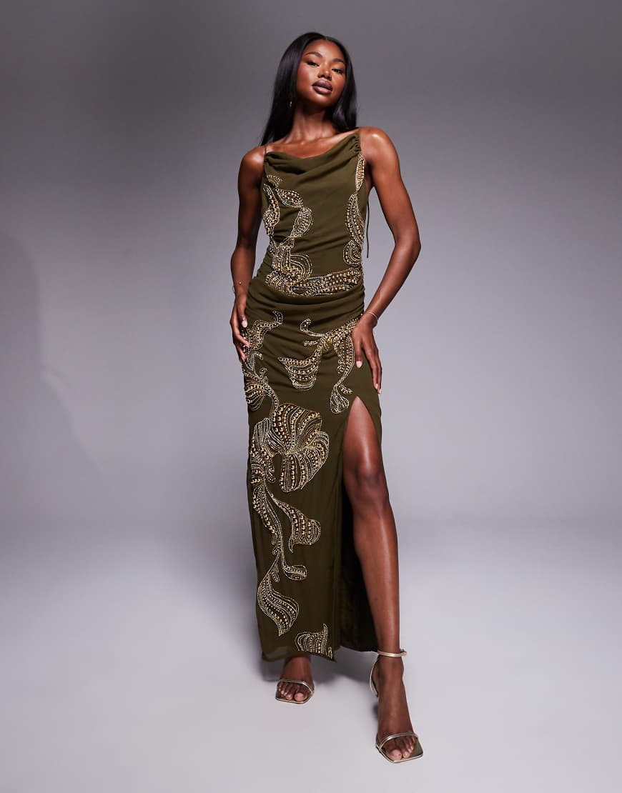 ASOS DESIGN - Maxikleid in Khaki mit Overlay, drapiertem Rock, abfallender Taillenpartie und Verzierung-Grün von ASOS DESIGN