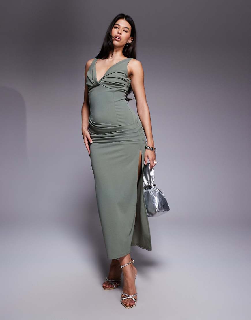ASOS DESIGN - Maxikleid in Khaki mit Struktur und Twist-Detail vorne-Keine Farbe von ASOS DESIGN