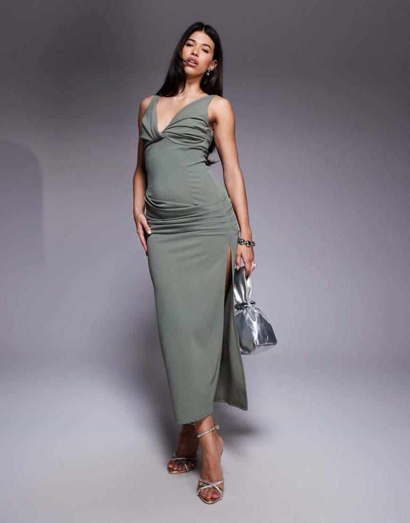 ASOS DESIGN - Maxikleid in Khaki mit Struktur und Twist-Detail vorne-Keine Farbe von ASOS DESIGN